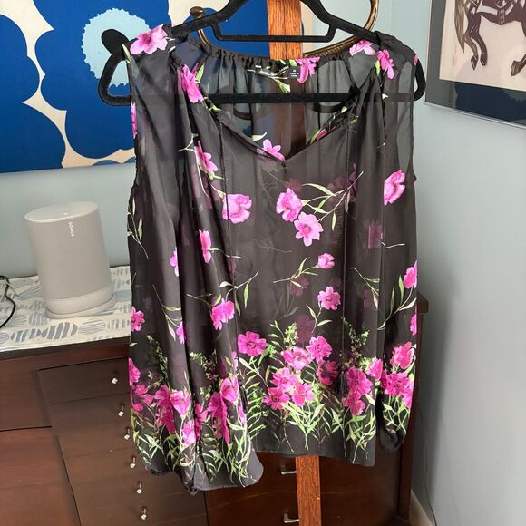 Dennis Basso Black Sheer Black Peasant Top with Floral Graphic + Tassels size M - Picture 2 of 8